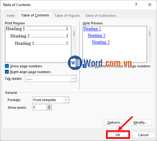 Thiết lập một số tùy chỉnh khác và chọn OK để tạo mục lục