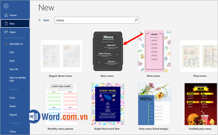 Xuất hiện các mẫu menu, bạn chọn mẫu mà bạn thích