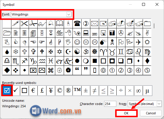 Bảng Symbol, chọn dấu tích ✔ và ấn OK Bảng Symbol, chọn dấu tích ✔ và ấn OK