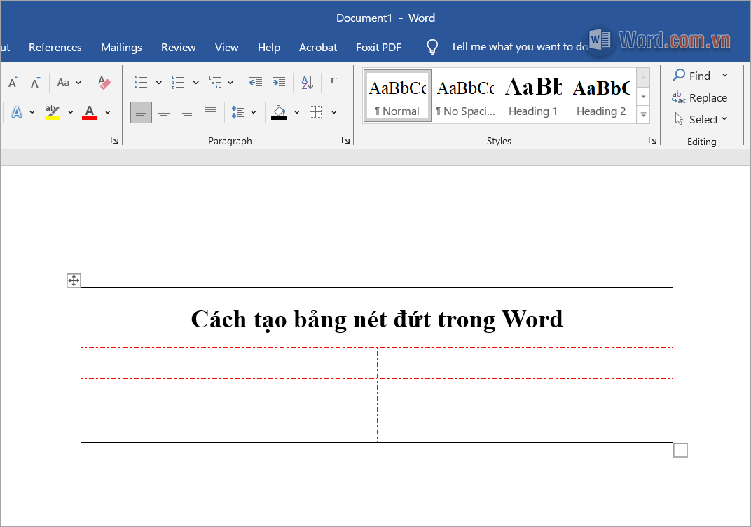 Bảng Word phối hợp giữa đường kẻ mặc định và đường kẻ nét đứt