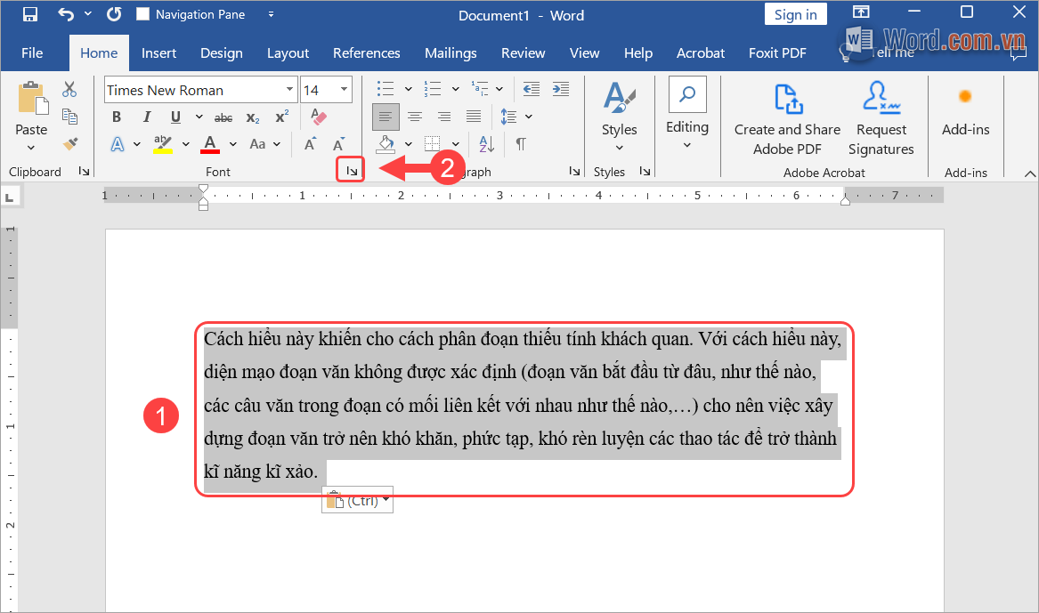 Bôi đen đoạn văn bản (1) rồi ấn More (2) trong mục Font tại thẻ Home