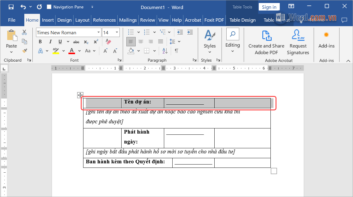 Bôi đen ô, hàng, cột cần xóa nội dung chữ trong bảng