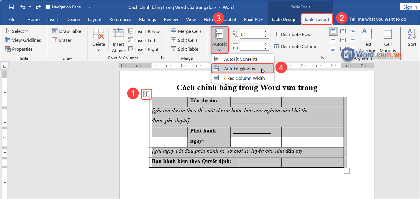 Cách chỉnh bảng trong Word vừa trang bằng tính năng AutoFit