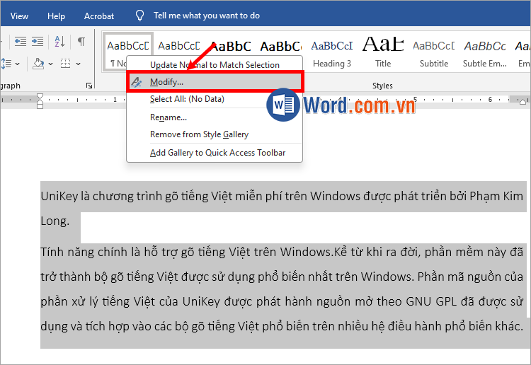 Căn chỉnh kiểu Normal bằng cách nhấn chuột phải chọn Normal → Modify