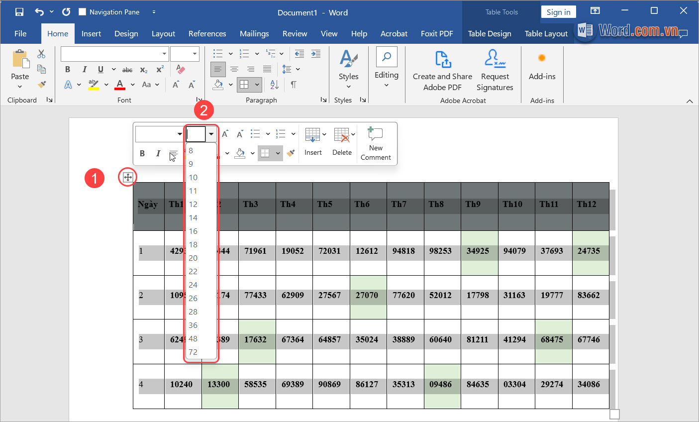 Chọn biểu tượng Mũi tên đa hướng (1) rồi đổi kích thước font chữ (2)