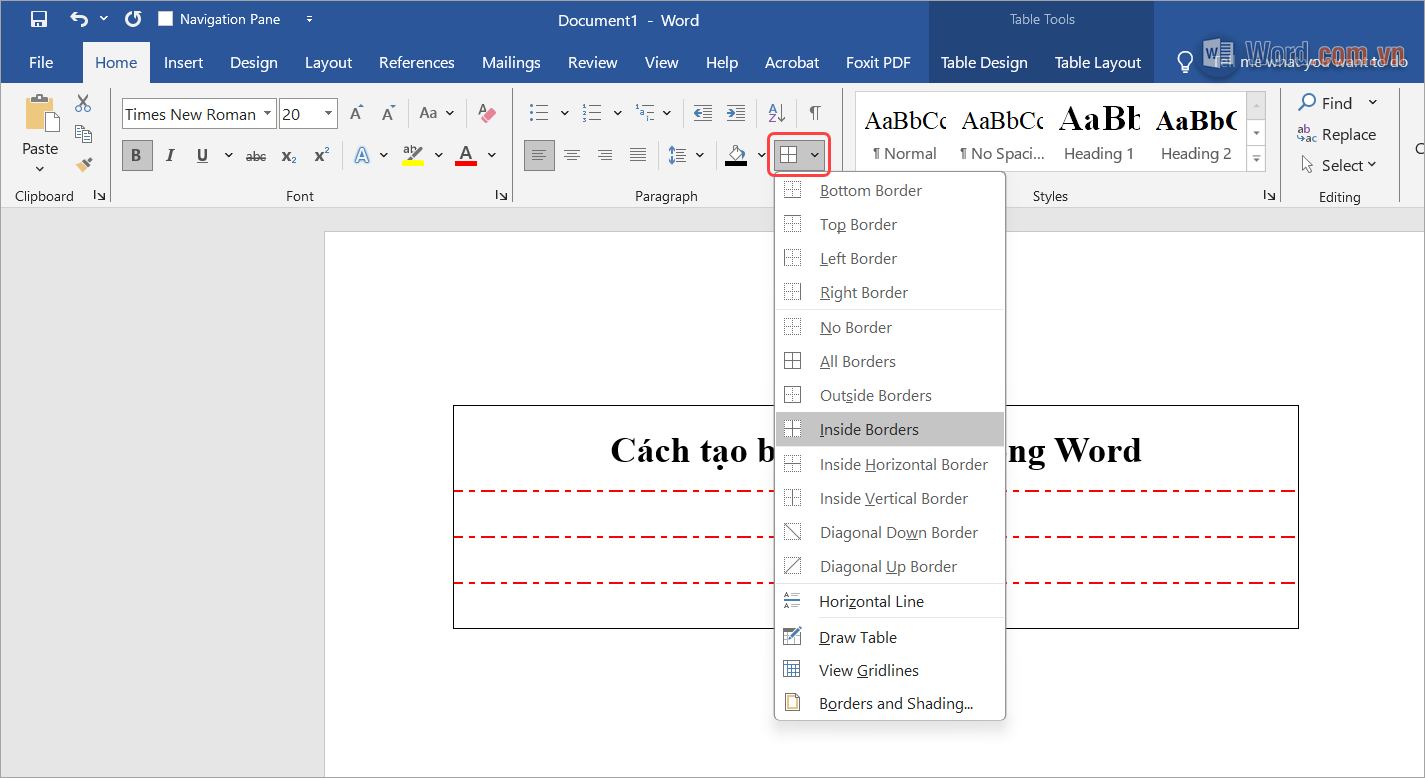 Chọn Boder và ấn các chế độ kẻ bảng sẵn có của Word để sử dụng