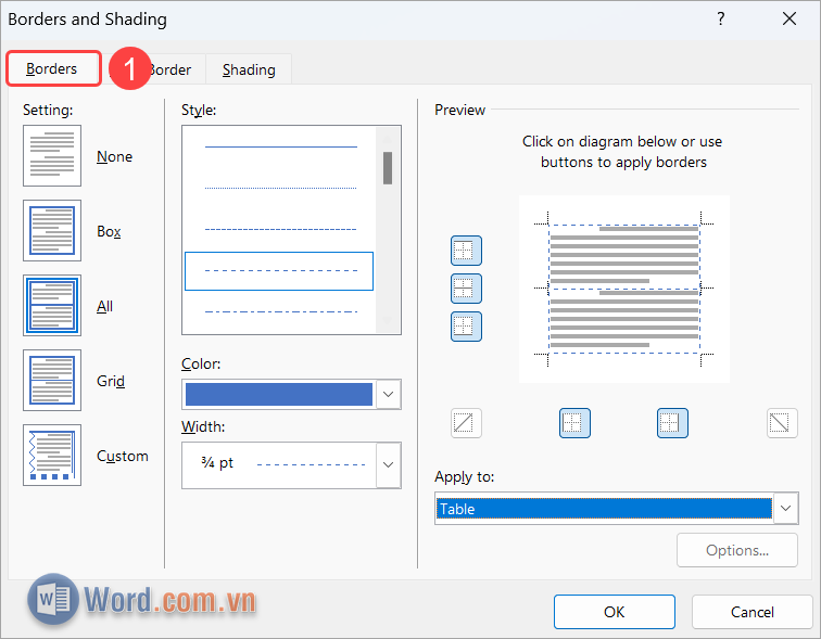 Chọn Borders (1) để thiết lập đường kẻ bảng