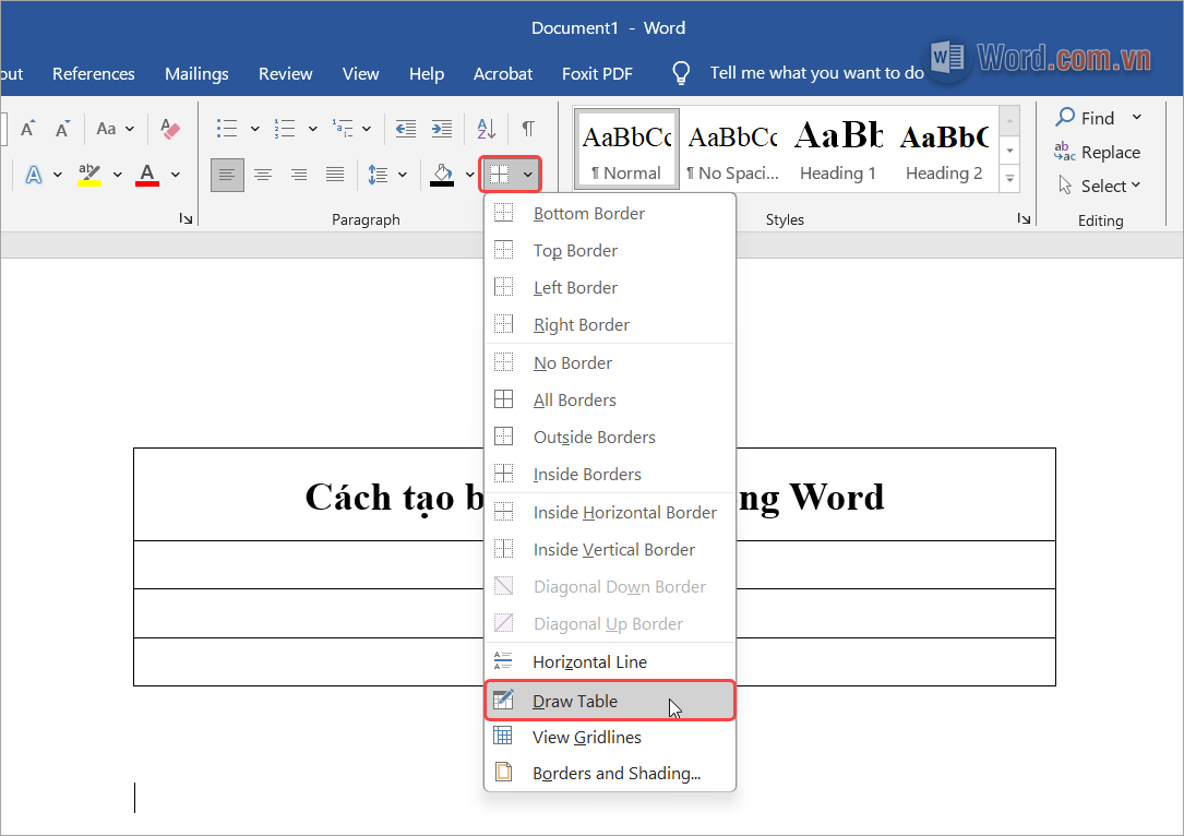 Chọn chế độ Draw Table để vẽ bảng bằng tay