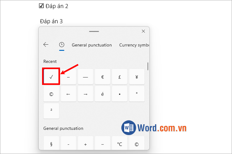 Chọn dấu tích (✔) từ bảng biểu tượng để thêm vào tài liệu Chọn dấu tích (✔) từ bảng biểu tượng để thêm vào tài liệu