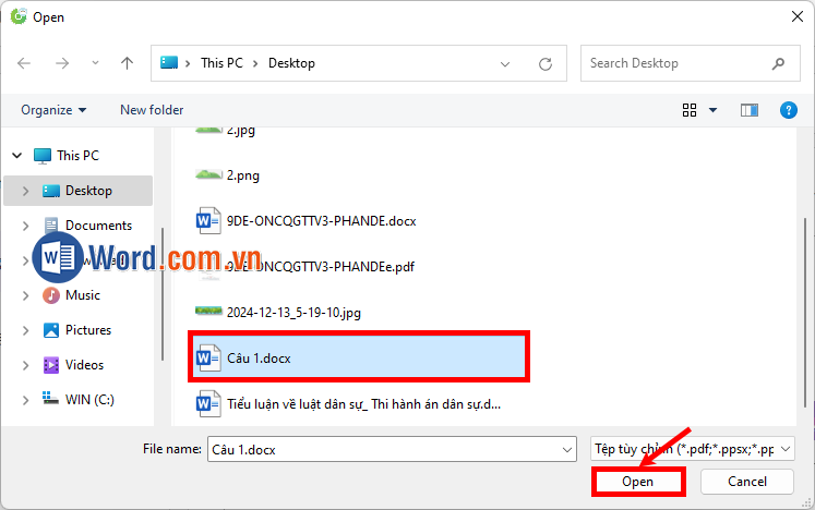 Chọn đến file Word muốn tạo Quizizz và ấn Open Chọn đến file Word muốn tạo Quizizz và ấn Open