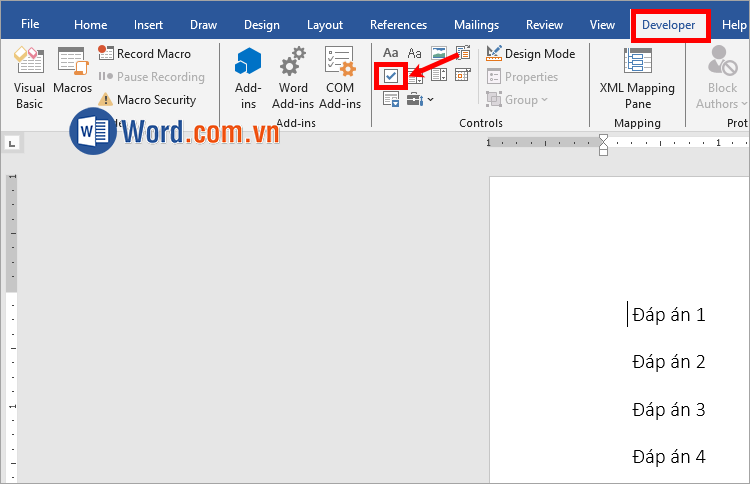Chọn Developer → Check Box Content Control Chọn Developer → Check Box Content Control