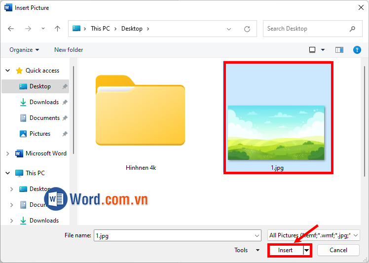 Chọn hình ảnh và ấn Insert để chèn