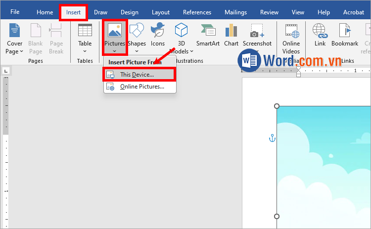 Chọn Insert → Pictures → This Device và thêm hình ảnh thứ 2