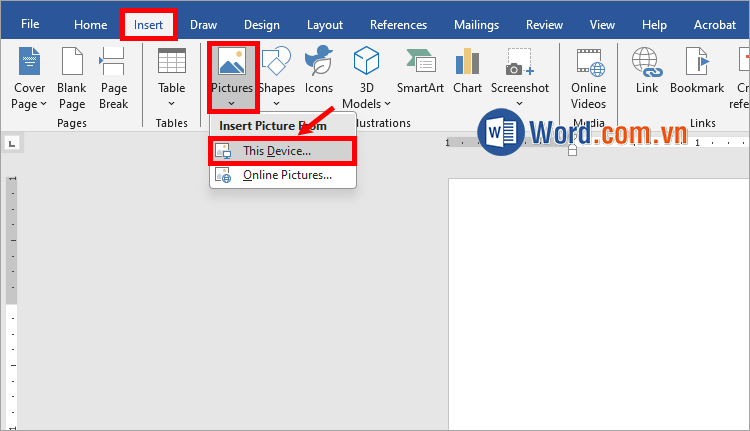Chọn Insert → Pictures → This Device