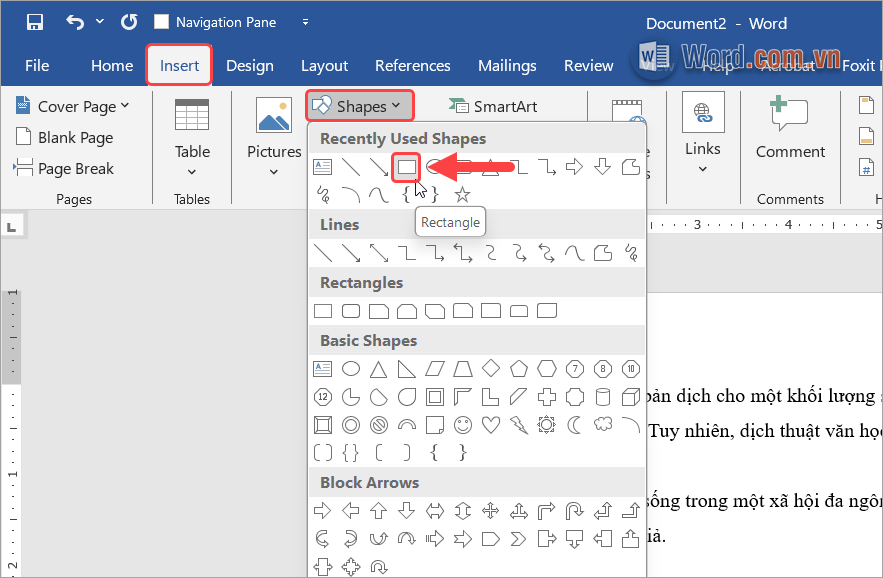 Chọn Insert → Shapes → Rectangle để vẽ một hình chữ nhật
