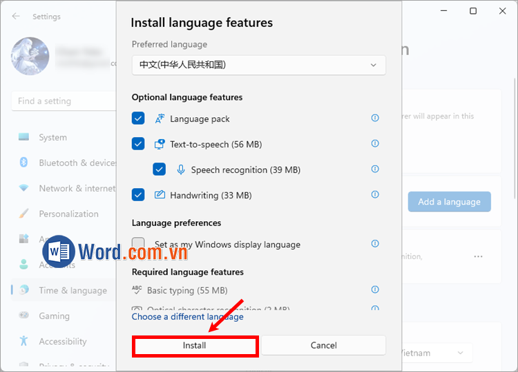 Chọn Install và đợi quá trình cài đặt ngôn ngữ hoàn tất