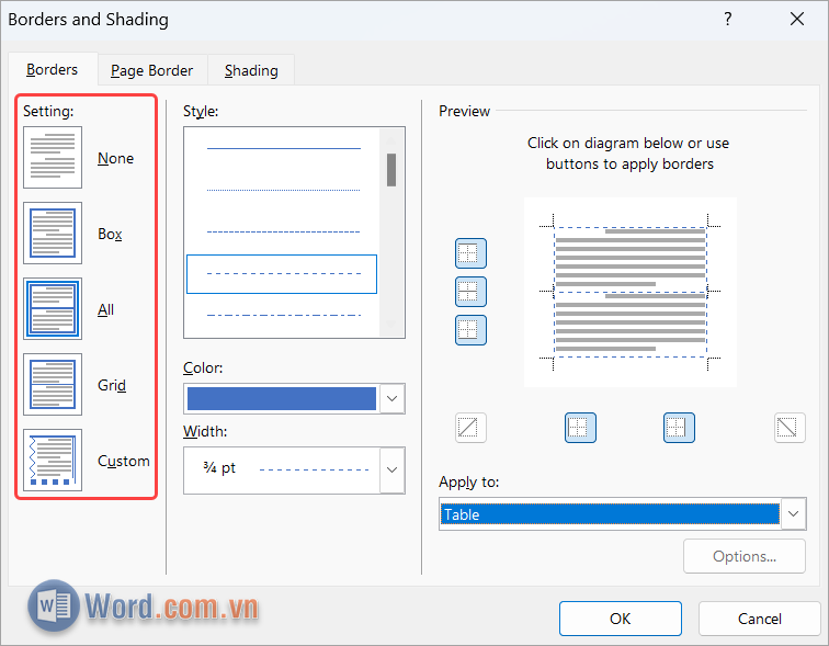 Chọn một trong số những thiết lập sau