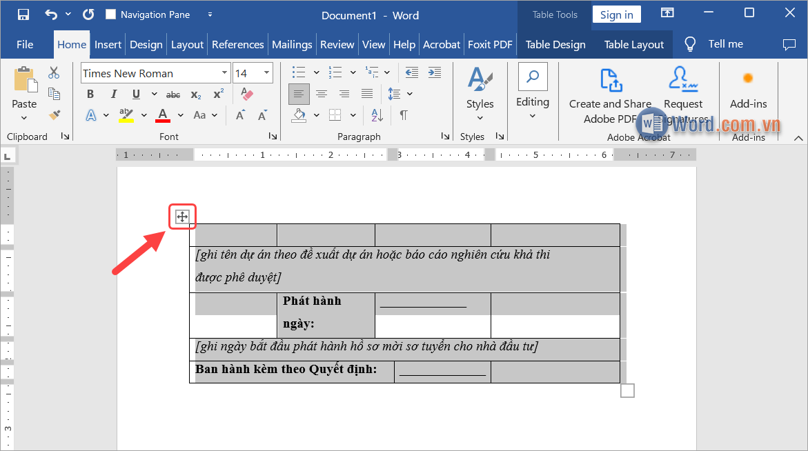Chọn Mũi tên đa hướng tại góc trái trên của bảng