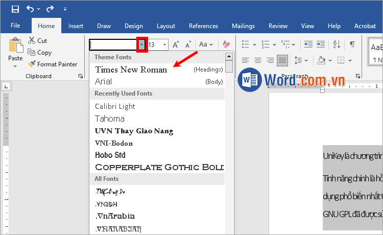 Chọn phông chữ khác