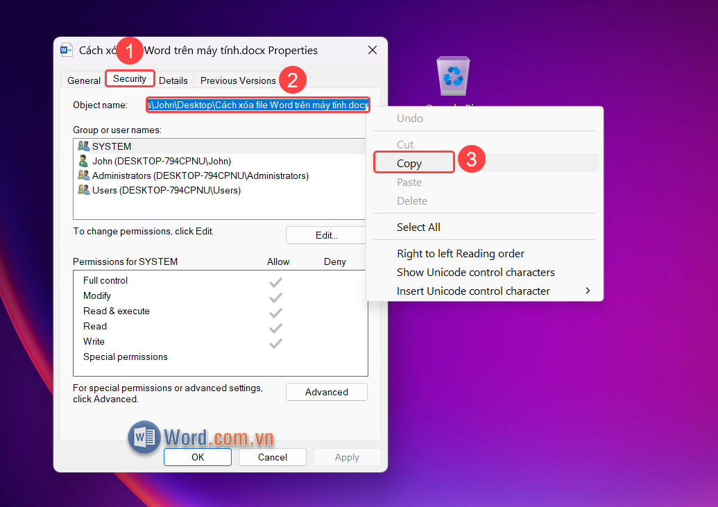Chọn Security (1) → Sao chép đường dẫn trong Object Name (2) → ấn Copy (3)