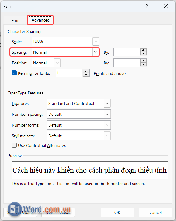 Chọn thẻ Advanced và tìm đến mục Spacing