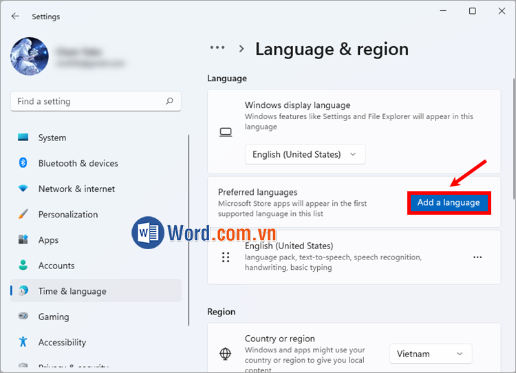 Chọn tiếp Add a language