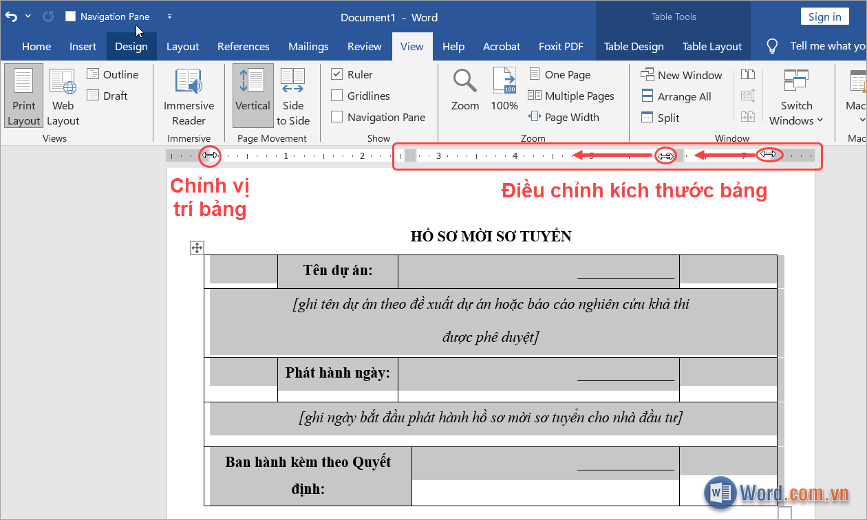 Chọn toàn bộ bảng cần thu nhỏ và thực hiện
