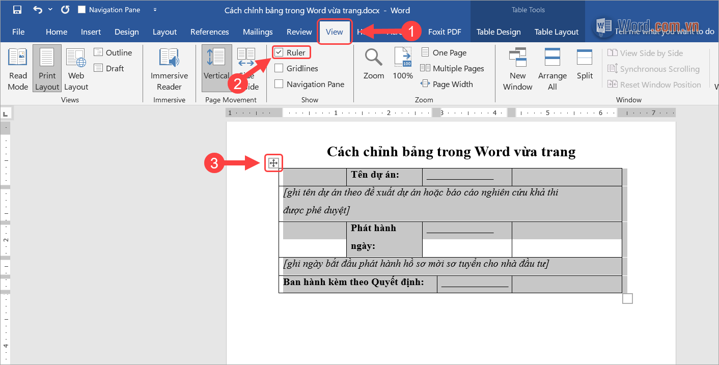 Chọn View (1) → Ruler (2) rồi ấn Mũi tên đa hướng (3)