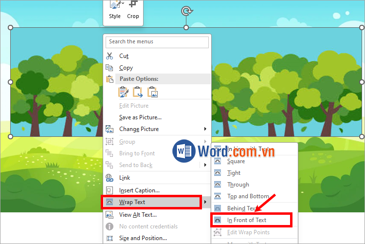 Chọn Wrap Text → In Front of Text
