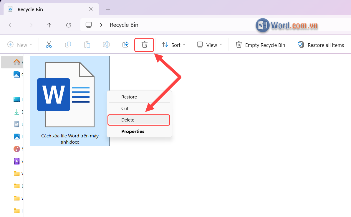 Click chuột phải chọn Delete để xóa file Word vĩnh viễn