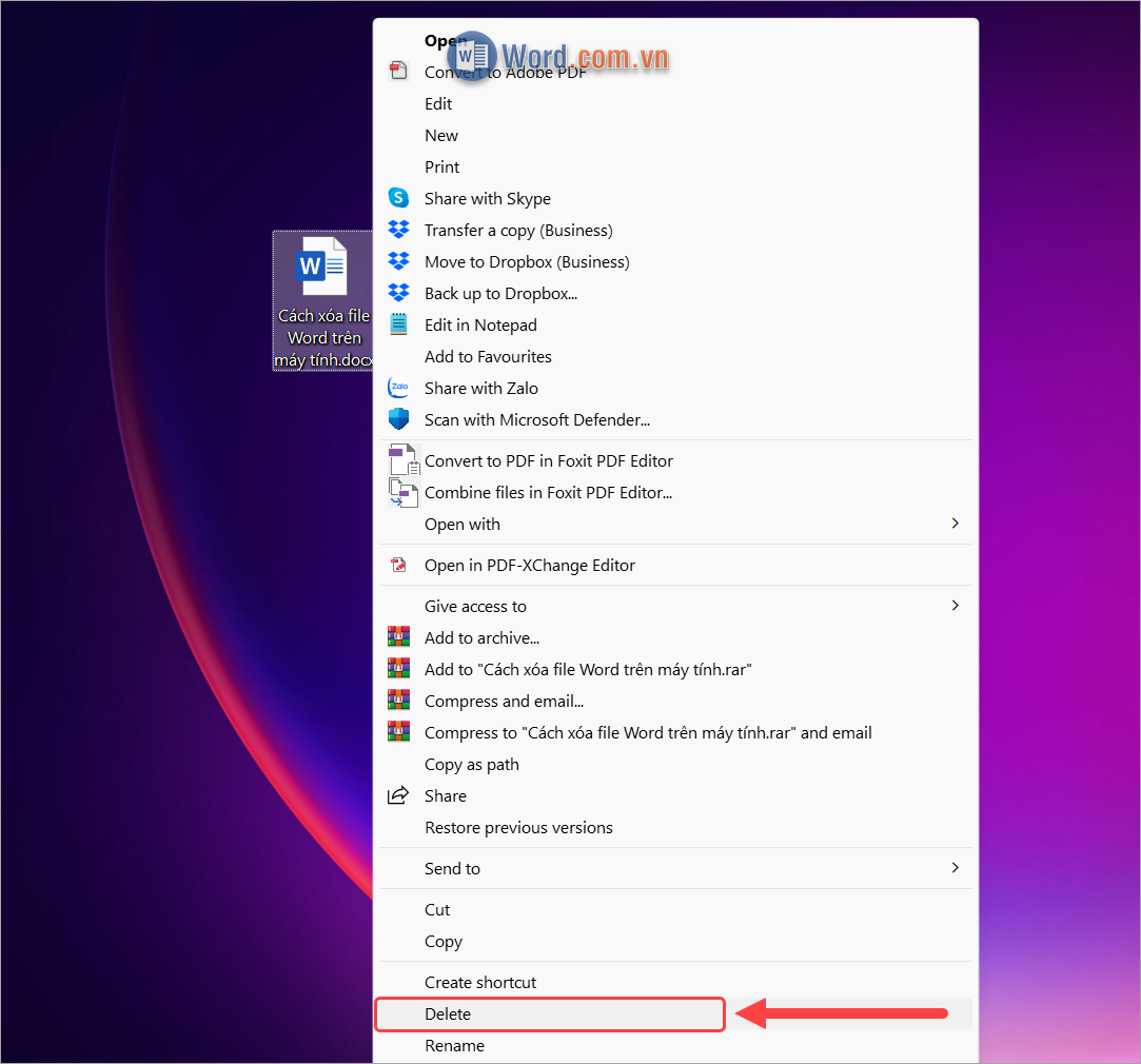 Click chuột phải vào file Word trên máy tính và chọn Delete