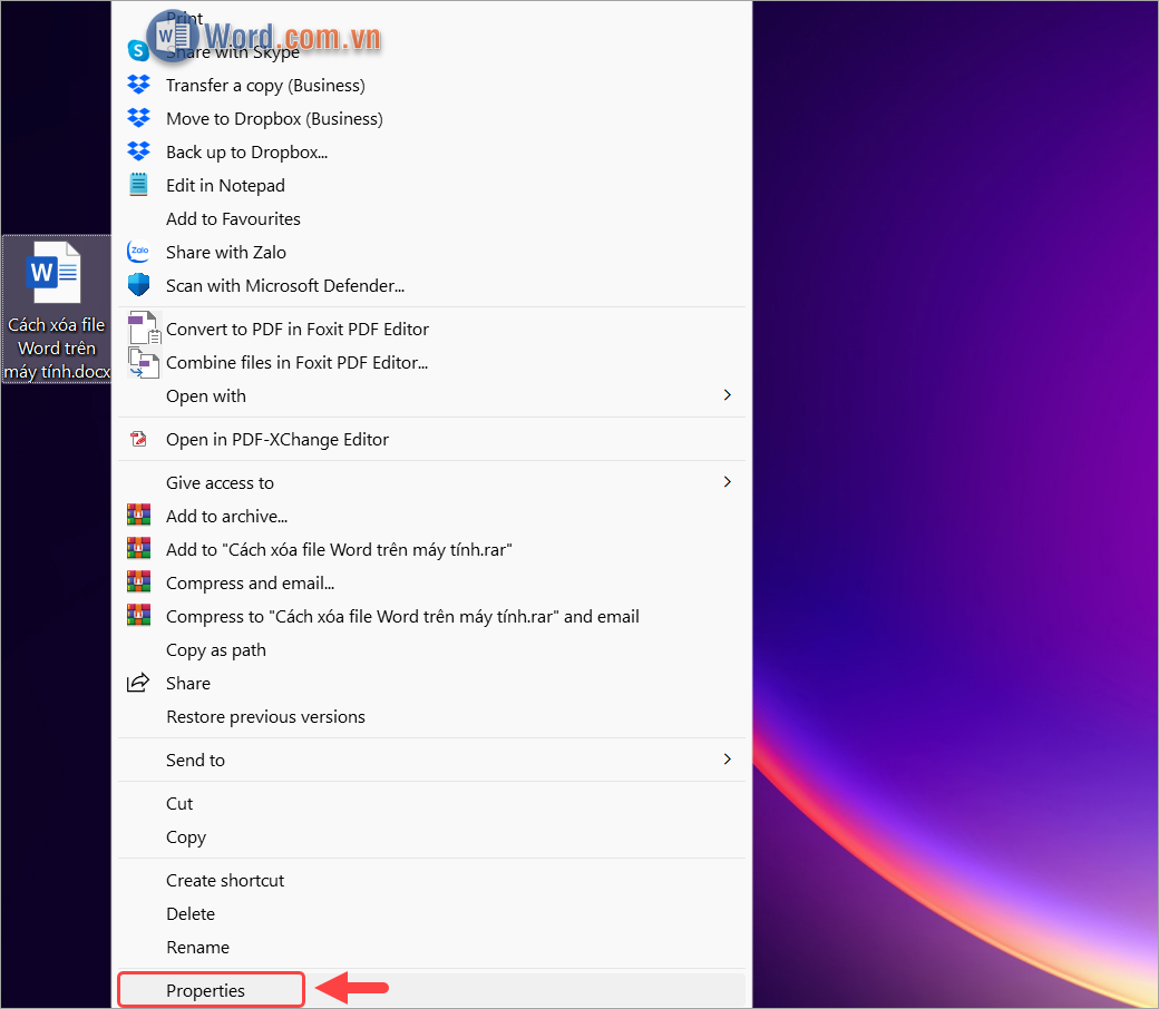 Click chuột phải vào file Word và chọn Properties để xem thêm thông tin