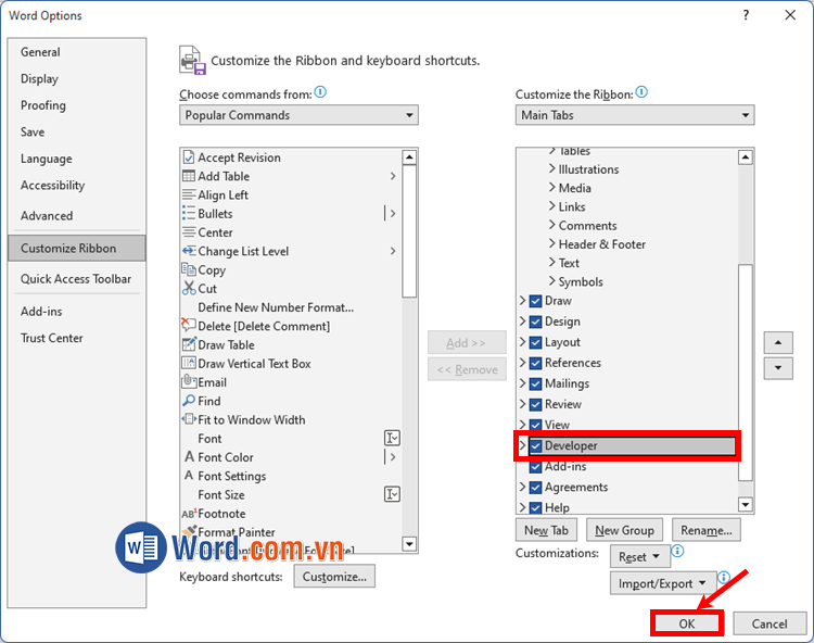 Đánh dấu tích chọn trước Developer và chọn OK Đánh dấu tích chọn trước Developer và chọn OK