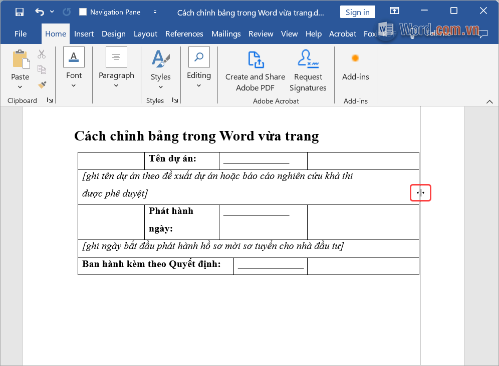 Điều chỉnh kích thước bảng phù hợp với trang Word