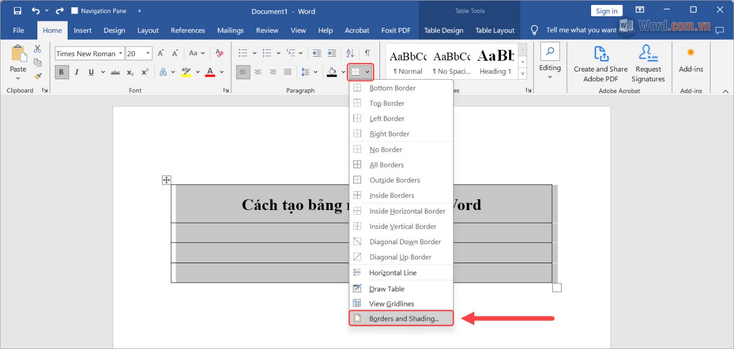 Kẻ bảng → Borders and Shading để thiết lập đường kẻ bảng nét đứt trong Word
