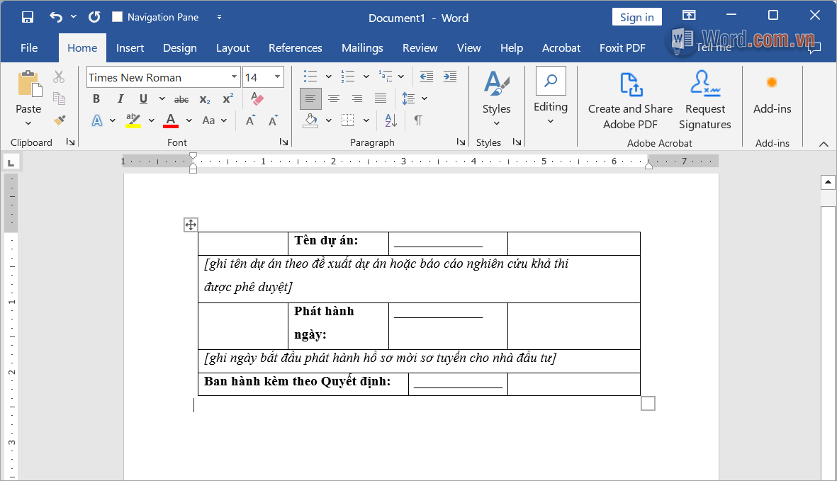 Mở Word có chứa bảng dữ liệu
