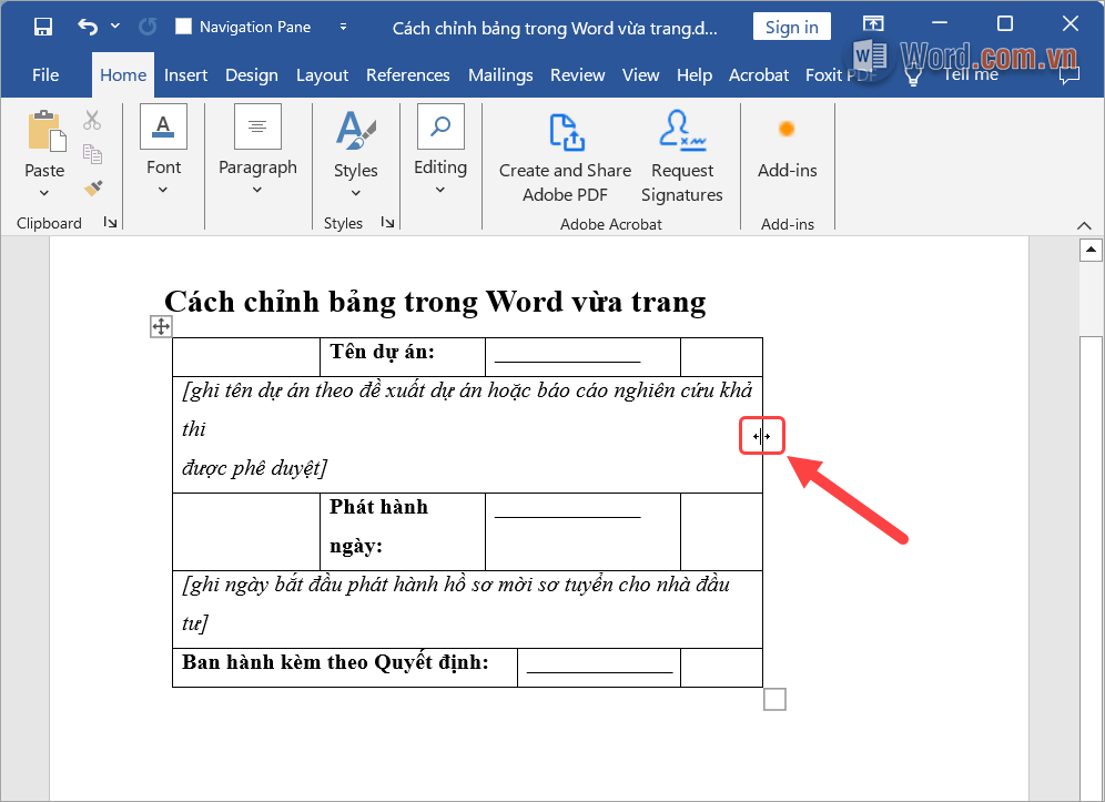 Nhấn giữ chuột và kéo để thay đổi kích thước bảng