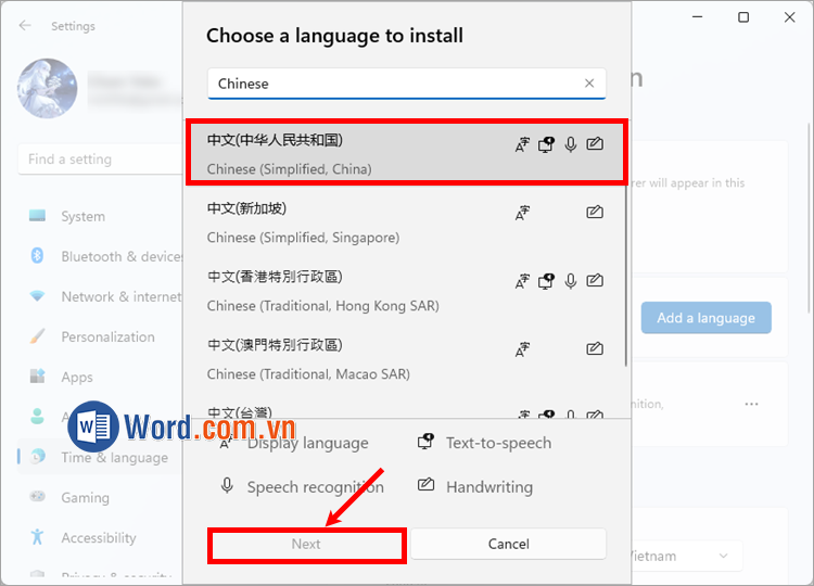 Nhập từ khóa Chinese và chọn Chinese (Simplified, China) rồi ấn Next