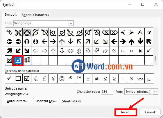 Phần Font chọn Wingdings, rồi tìm ký tự dấu ✔ hoặc þ và ấn Insert Phần Font chọn Wingdings, rồi tìm ký tự dấu ✔ hoặc þ và ấn Insert
