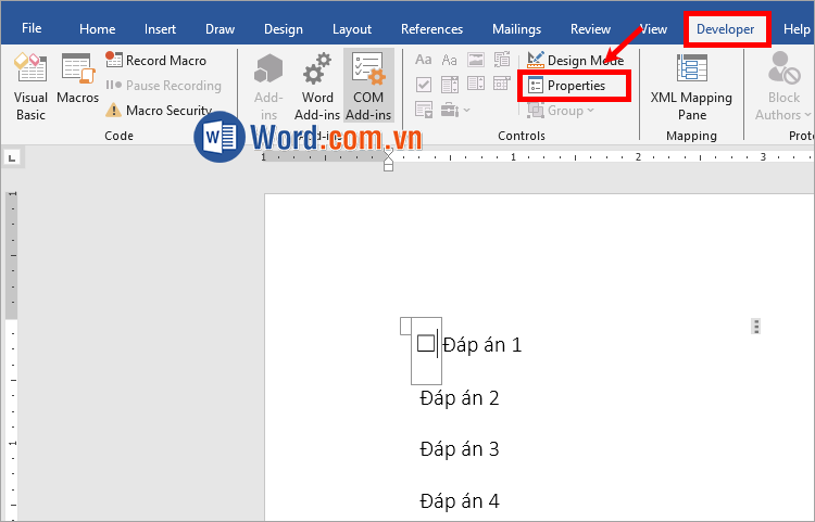 Thay đổi dấu x trong ô thành dấu ✔ bằng cách chọn Developer → Properties Thay đổi dấu x trong ô thành dấu ✔ bằng cách chọn Developer → Properties