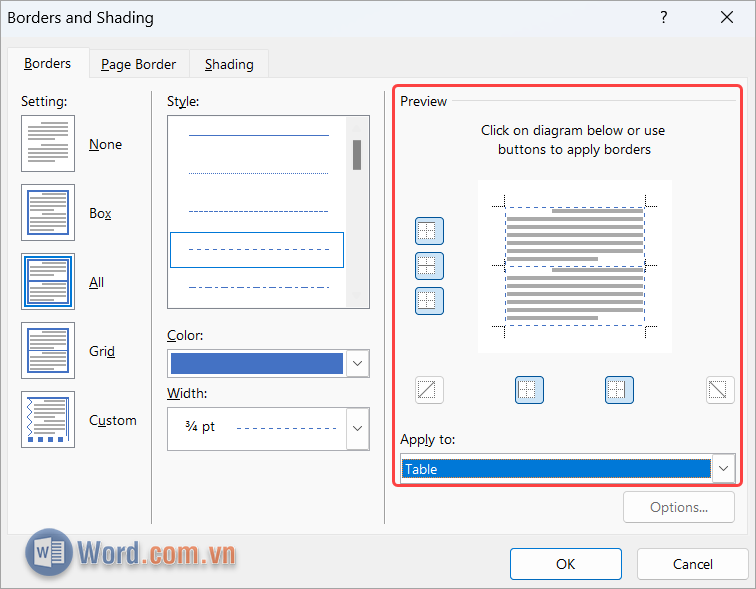 Thiết lập Apply to, chọn Table để áp dụng trực tiếp vào bảng