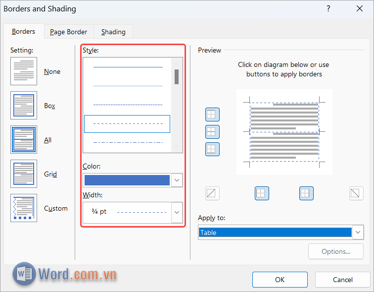 Thiết lập cụ thể về đường kẻ bảng trong Word