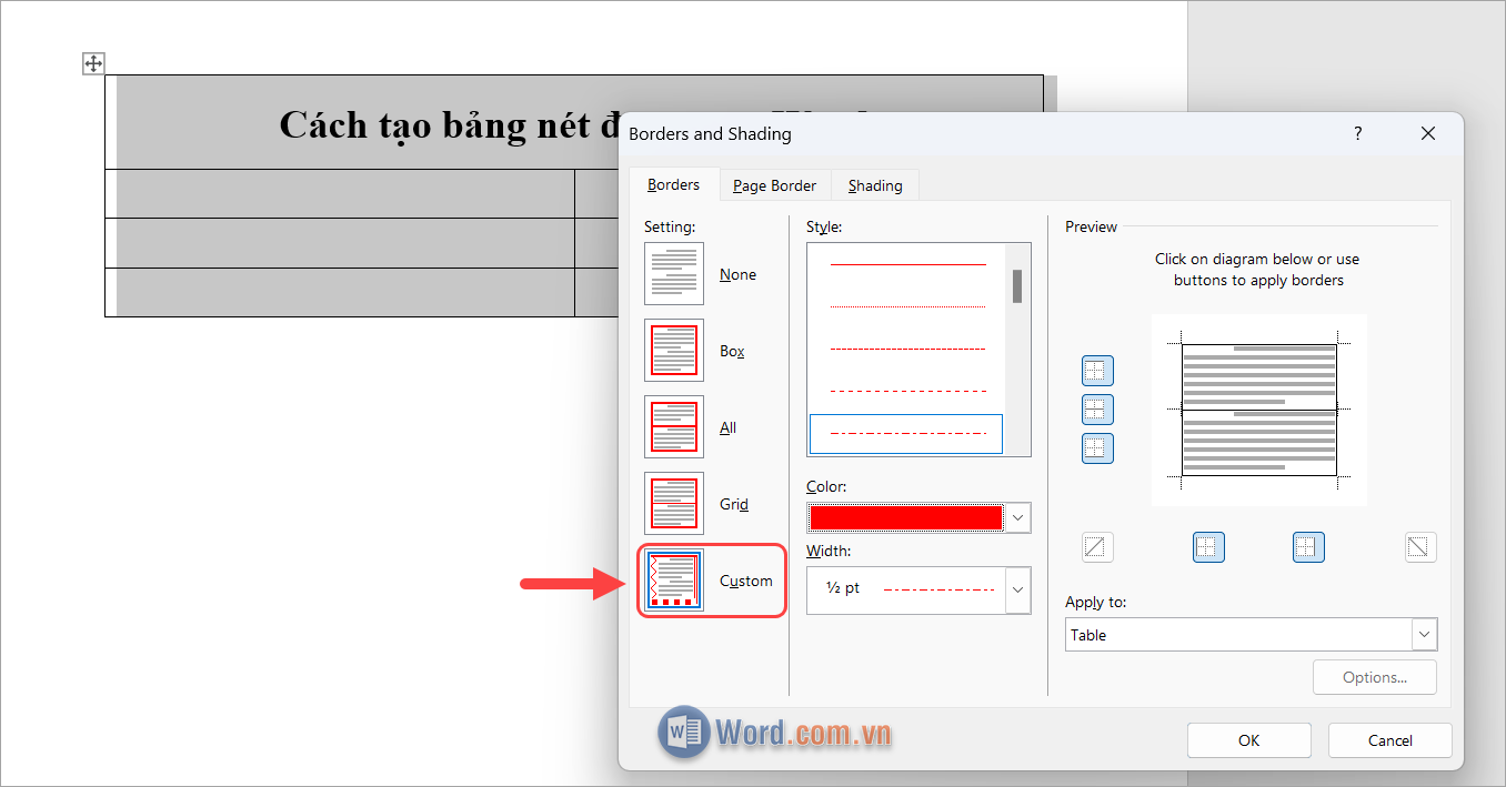 Thiết lập đường kẻ nét đứt trong bảng Style, Color, Width