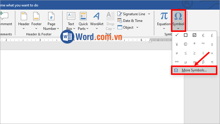 Trong thẻ Insert, bạn chọn Symbol → More Symbol Trong thẻ Insert, bạn chọn Symbol → More Symbol
