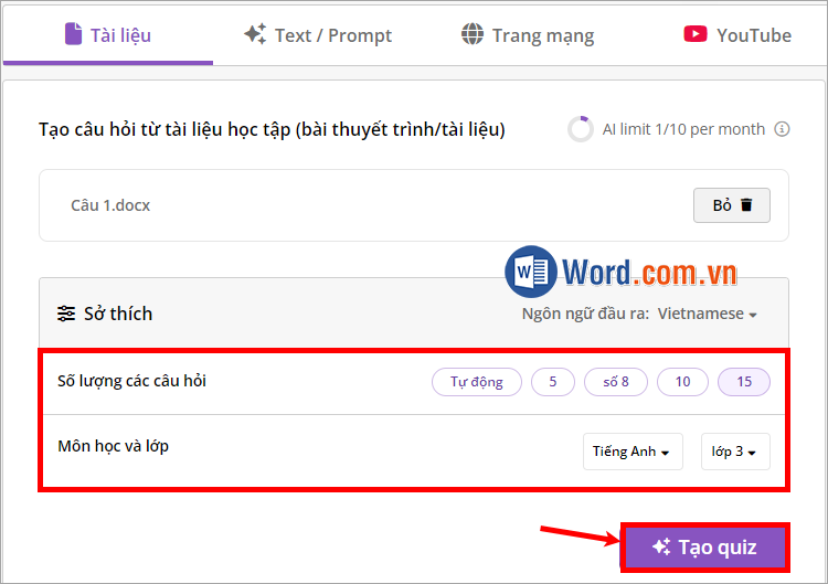 Tùy chỉnh về môn học, lớp, số lượng câu hỏi, sau đó chọn Tạo quiz Tùy chỉnh về môn học, lớp, số lượng câu hỏi, sau đó chọn Tạo quiz