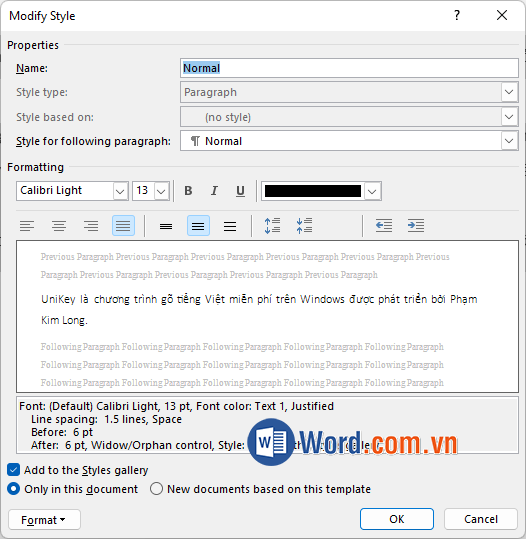 Xuất hiện Modify Style, thiết lập kiểu chữ, cỡ chữ, màu chữ, cho kiểu Normal