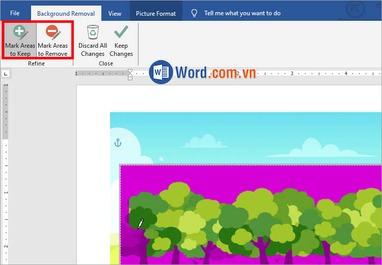 Xuất hiện phần Background Removal, chọn dấu + Mark Areas to Keep