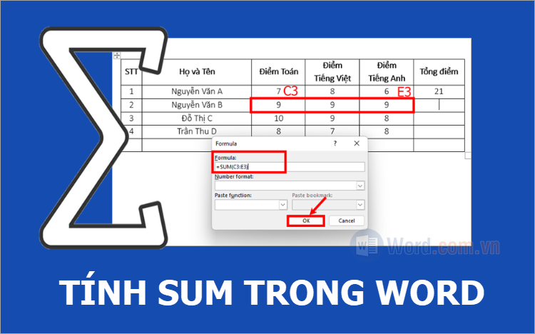 Cách tính Sum trong Word