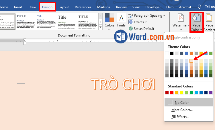 Chọn Design → Page Color → màu nền