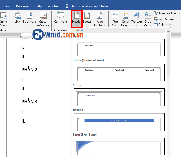 Chọn Insert → Header